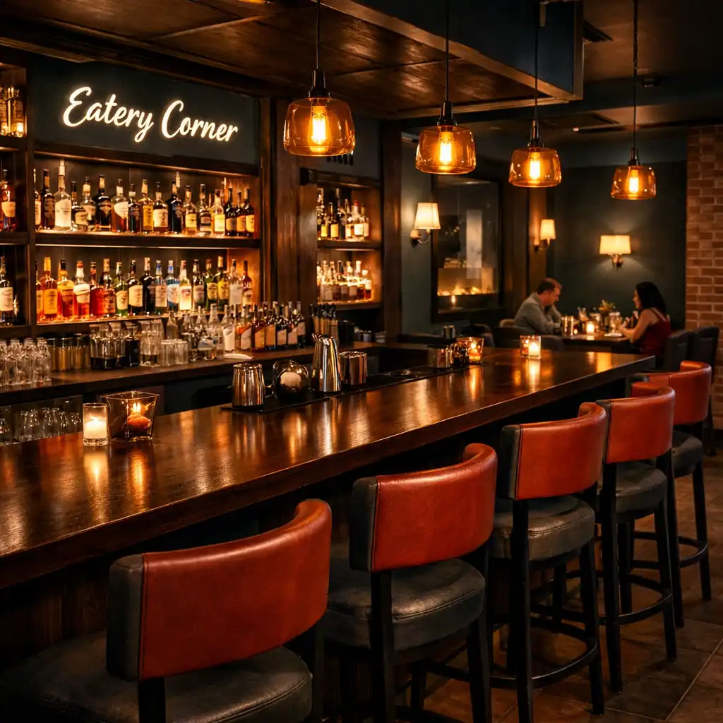 Bar Eatery Corner wieczorem z podświetlanymi półkami, ciemnym drewnianym blatem i hokerami