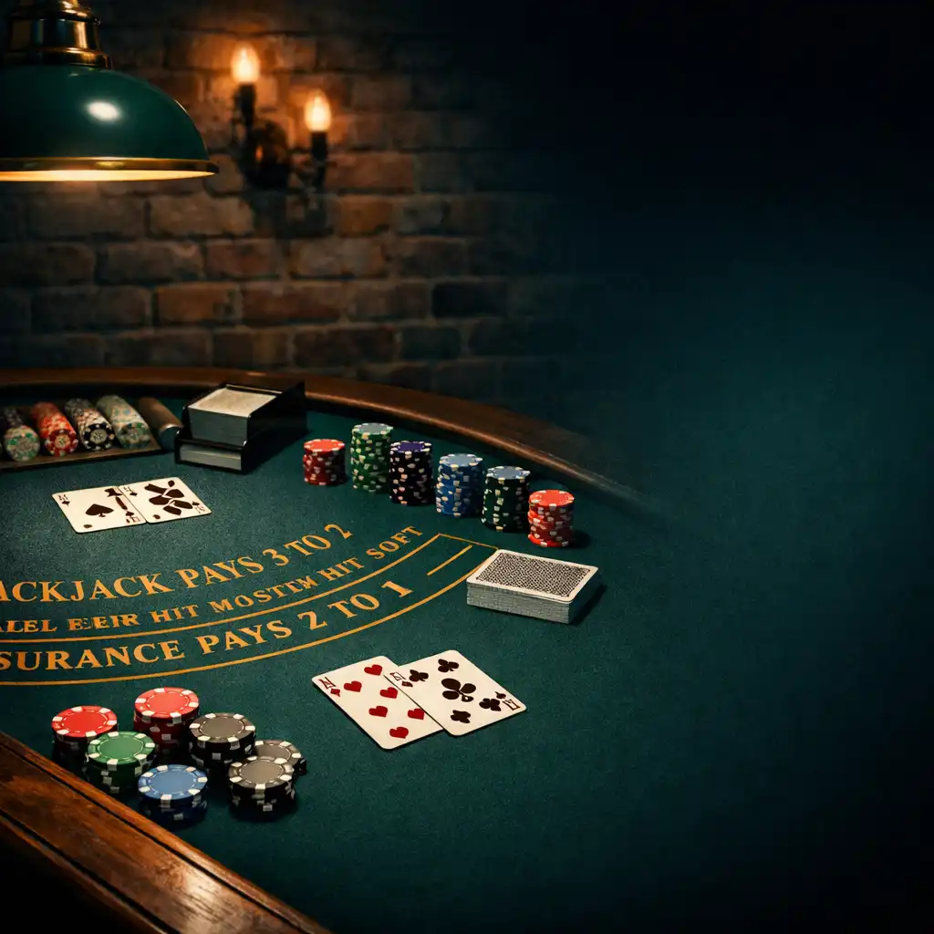 Stół do blackjacka z ciemnego drewna, zielonym suknem, kartami i żetonami w Eatery Corner