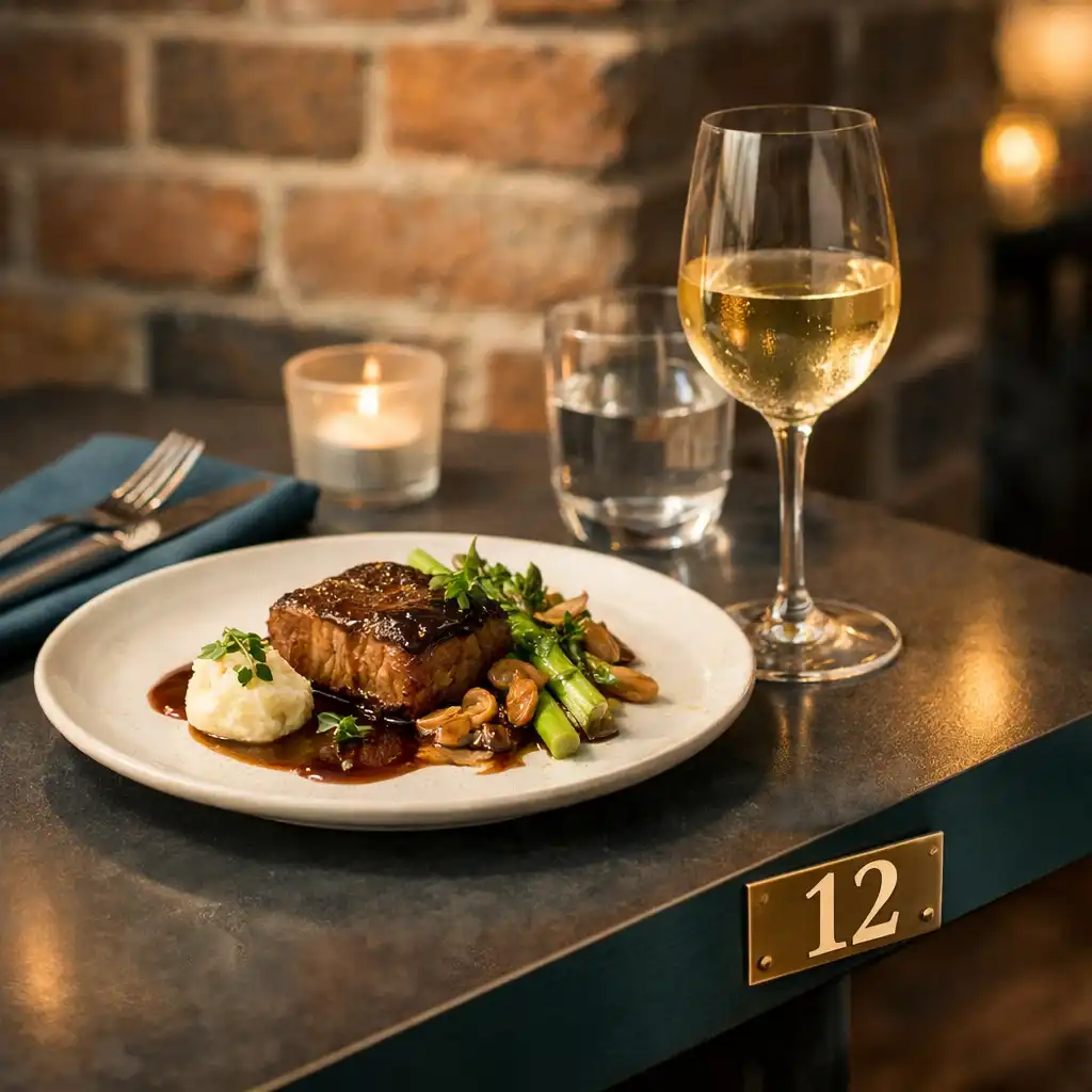 Stolik numer 12 w Eatery Corner z elegancko podanym daniem i kieliszkiem wina