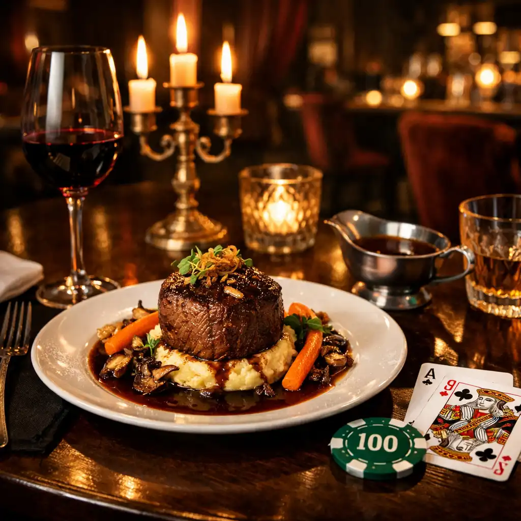 Stół restauracyjny z elegancko podanym daniem głównym, obok karty do gry i żeton