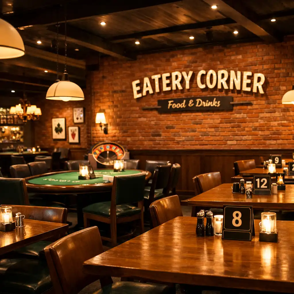 Wnętrze restauracji Eatery Corner wieczorem, z ceglanymi ścianami i nastrojowym oświetleniem