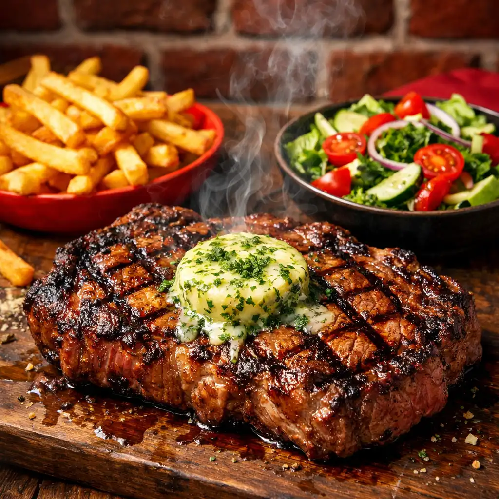 Grillowany stek ribeye z masłem ziołowym, frytkami i sałatką