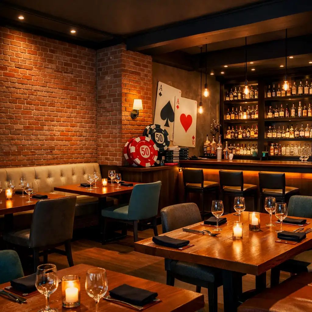 Wnętrze restauracji Eatery Corner z ceglanymi ścianami, drewnianymi stołami i nastrojowym oświetleniem
