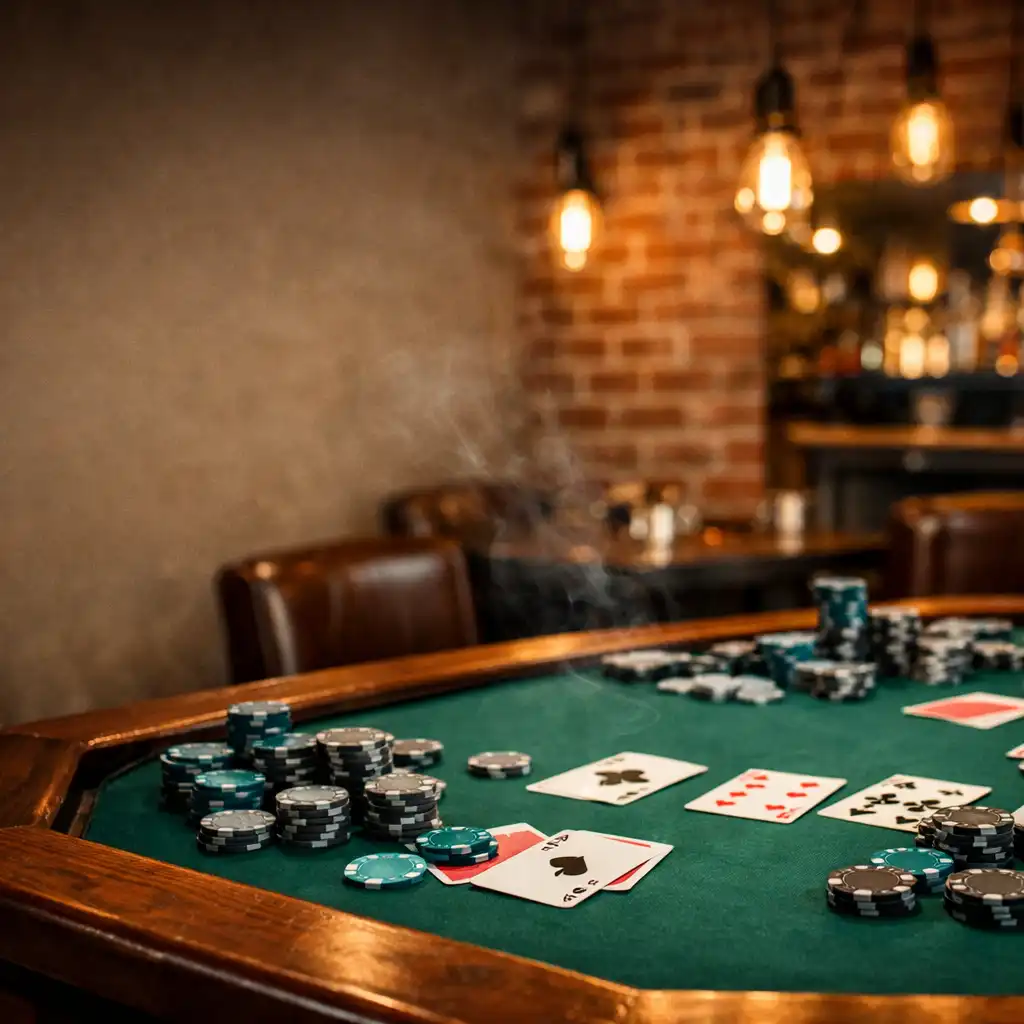 Elegancki stół pokerowy w restauracji Eatery Corner z zielonym suknem, kartami i żetonami w nastrojowym oświetleniu