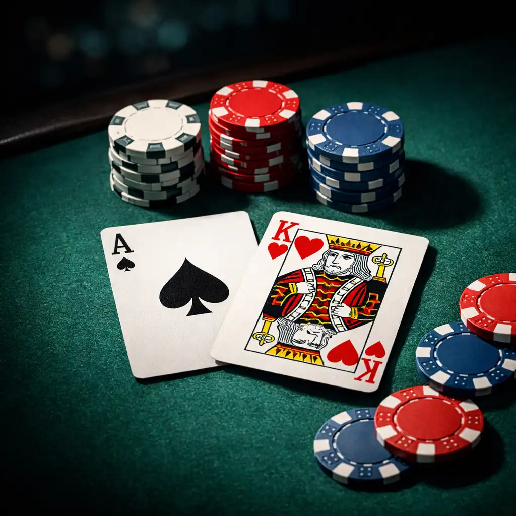 Stół pokerowy z kartami, żetonami i zielonym suknem w ciemnym wnętrzu Eatery Corner