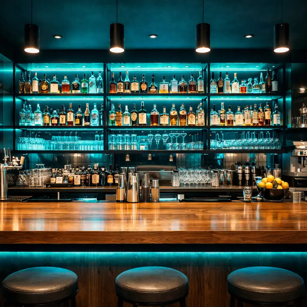 Bar restauracyjny z drewnianym blatem, butelkami i oświetleniem LED w kolorze petrol