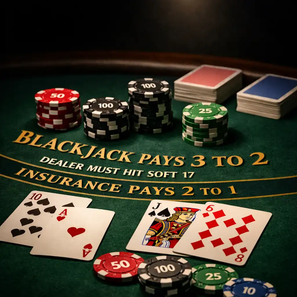 Stół do blackjacka z kartami i żetonami w ciemnym, eleganckim klimacie