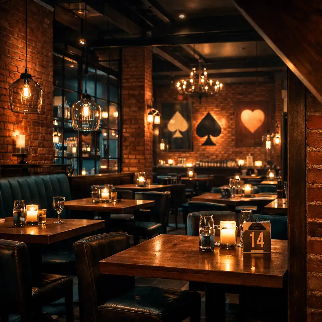 Wnętrze restauracji Eatery Corner wieczorem z ceglanymi ścianami, drewnianymi stolikami i nastrojowym oświetleniem