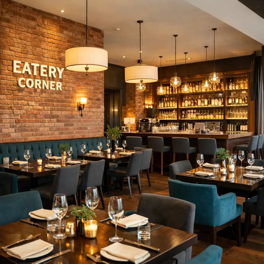 Główna sala restauracyjna Eatery Corner z ceglanymi ścianami, drewnianymi stołami i barem w tle