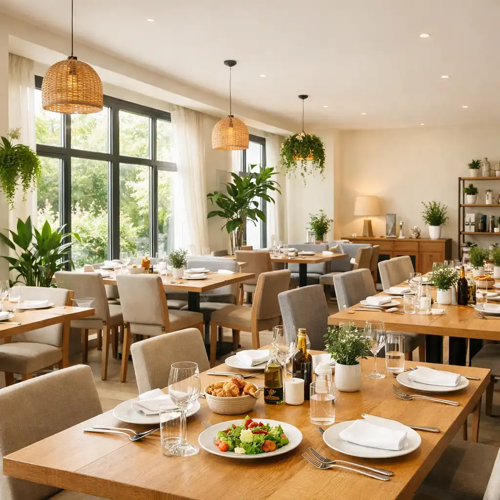 Jasna sala restauracyjna z kremowymi ścianami, drewnianymi stołami i dużymi oknami