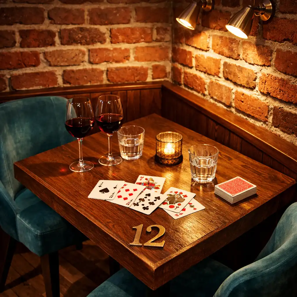 Narożny stolik numer 12 w restauracji z ceglaną ścianą, krzesłami w kolorze petrol i kartami do gry
