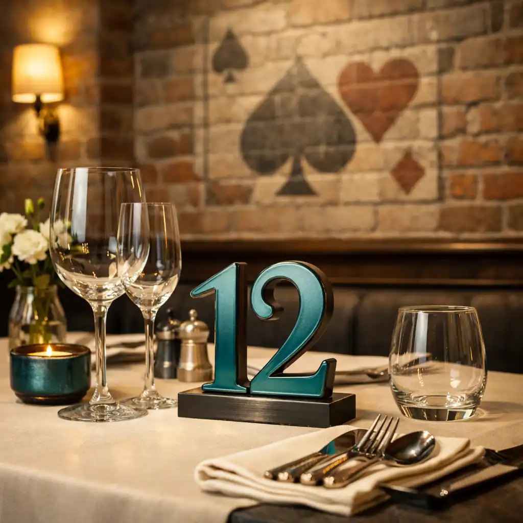 Zbliżenie na stolik numer 12 w sali restauracyjnej z eleganckim nakryciem i motywem karty w tle