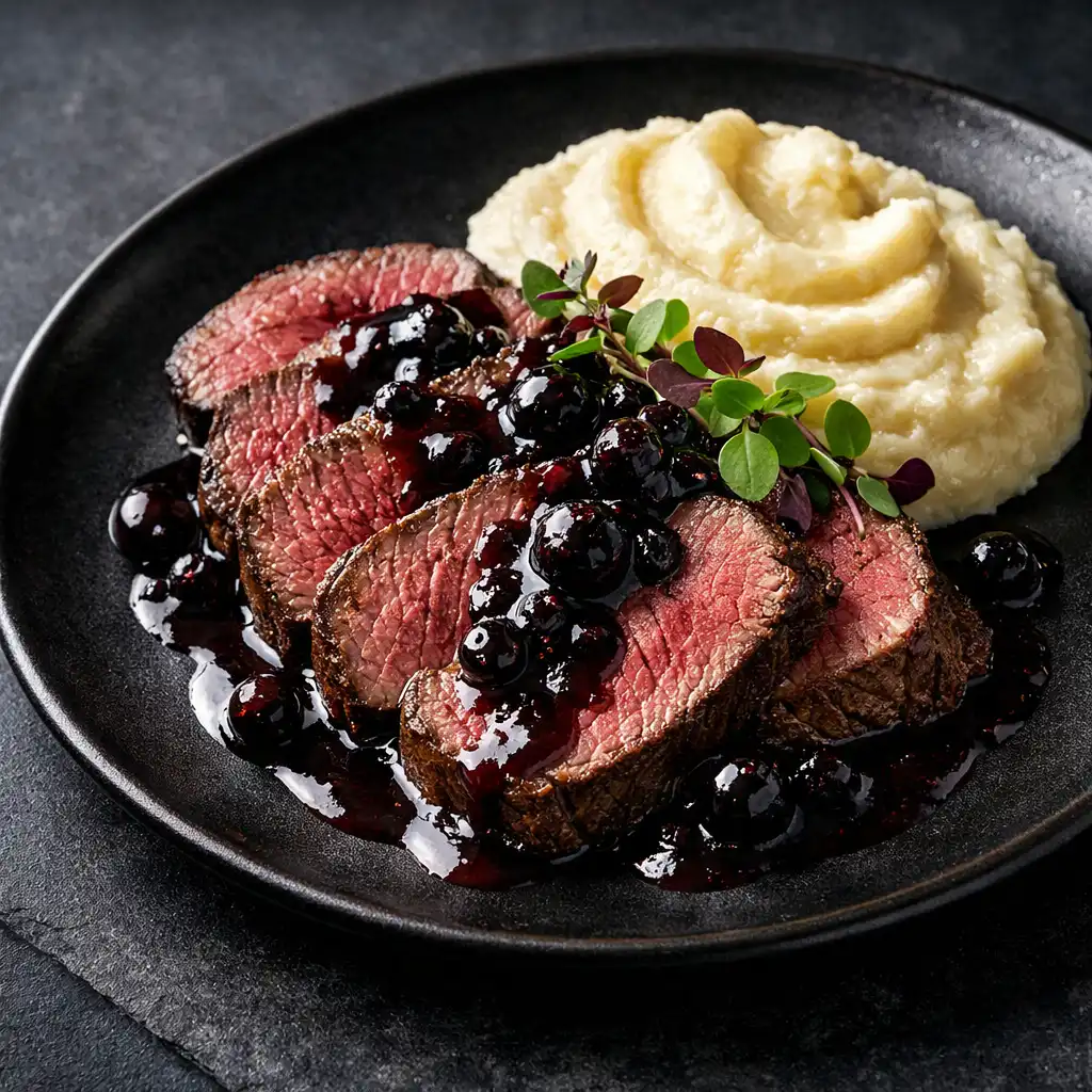 Polędwica wołowa sous-vide pokrojona w plastry, polana sosem z czarnej porzeczki, podana z puree z selera