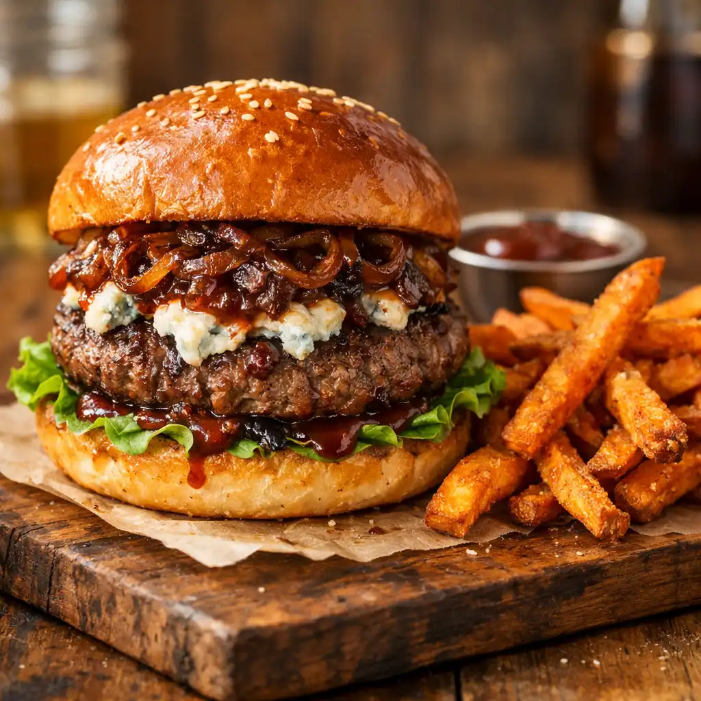 Burger Eatery Corner z wołowiną, serem pleśniowym, karmelizowaną cebulą i sosem BBQ, podany z frytkami z batatów