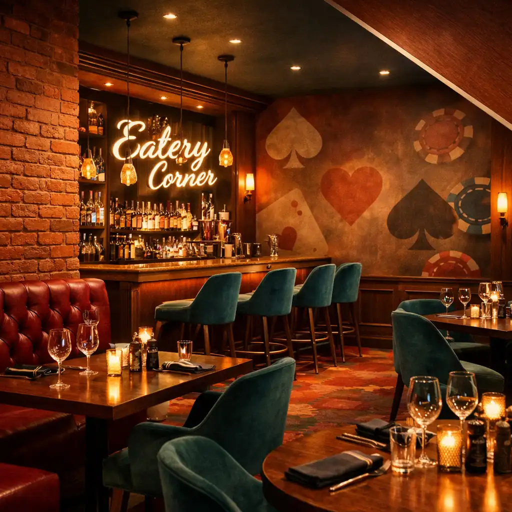 Eleganckie wnętrze restauracji Eatery Corner z widokiem na stoliki i bar, w tle subtelne motywy kart do gry i żetonów