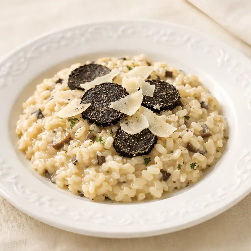Kremowe risotto z czarną truflą, posypane płatkami parmezanu, na białym talerzu